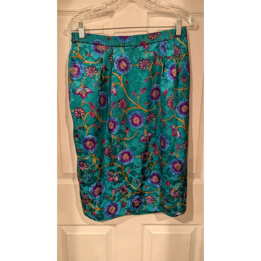 Adrianna Papell Skirt Suit 12 Teal Silk Floral Jacquard Vintage Gold Button 90s - Picture 3 of 8